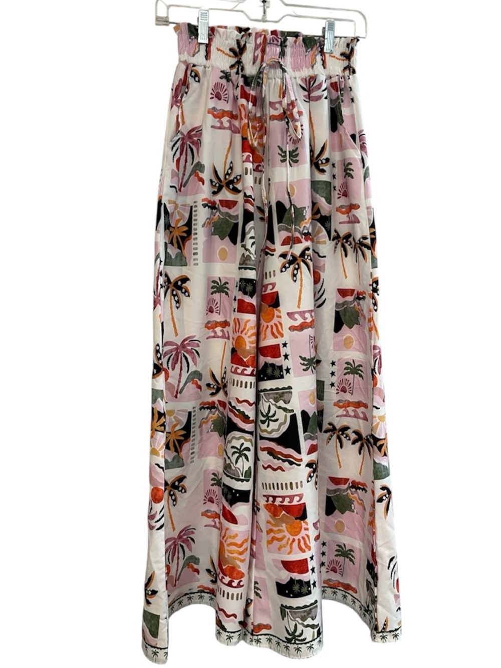 SUNDAY UP TROPICAL DESERT PALM PRINT WIDE LEG PALAZZO PANTS WHITE MULTI SIZE M